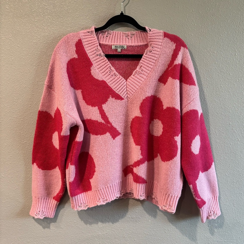 Bold Floral V-Neck Sweater in Pink and Red